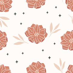 Wall Mural - Floral vector seamless pattern. Flower, leaves and star on beige background. Modern boho drawing. Botanical fabric print, digital paper, textile design, scrapbooking, wrapping, wallpaper, cover.