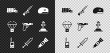 Set Military Truck, Sniper Rifle With Scope, Beret, Walkie Talkie, Sword, Flashlight, Box Flying On Parachute And Pistol Gun Icon. Vector