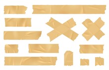 Adhesive Tape. Strip Tapes, Band Stickers. Old Beige Glue Strips On Paper. Isolated Realistic Scotch Pieces, Torn Bandage Mockup Exact Vector Set
