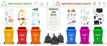 Waste Recycling. Recycled Garbage Infographic Poster. Materials Type Classification, Different Trash Cans. Plastic, Metal, Organic Exact Vector Elements