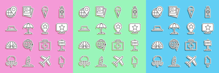 Poster - Set line Ice cream, Road traffic signpost, Map pointer with star, waffle cone, Sun protective umbrella for beach, Man hat ribbon, Location the globe and icon. Vector