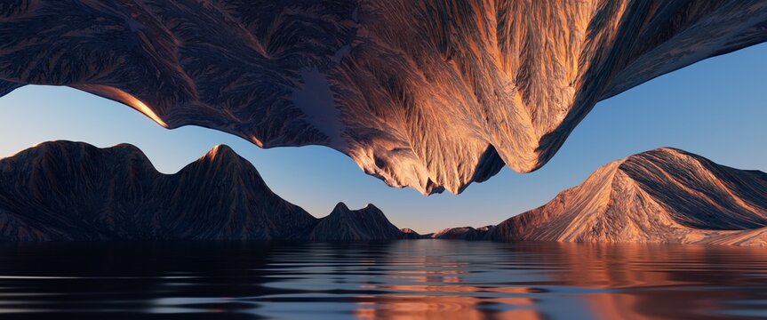 Wall Mural -  - 3d render, futuristic landscape with cliffs and water. Modern minimal abstract background. Spiritual zen wallpaper with sunset or sunrise light
