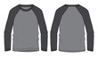 Two tone Grey And Black Color Raglan Long Sleeve T shirt Vector illustration template Front And back views Isolated on white background. Apparel Design Mock up CAD.