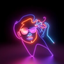 3d Render, Abstract Colorful Neon Woman Portrait, Linear Art Over Black Background