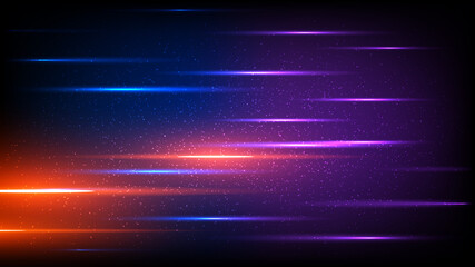 Poster - Abstract technology horizontal motion light style, Connecting particles with purple, blue and orange light. Science, future, energy technology concepts. Digital beam of light trails. Vector EPS10
