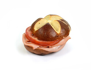 Wall Mural - Bavarian bun sandwich. Mortadella ham and tomato sandwich isolated on white background.