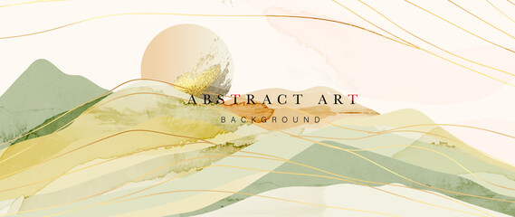 Wall Mural - abstract watercolor background vector. luxury wallpaper with paint brush and gold line art. mountain