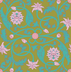 Seamless five tone pattern of ornamental, Indian lotus flowers, buds, bods, leaves and tendrils in pink, red, olive green, purple and turquoise