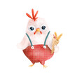 Lovely little chicken with earthworm and wheat wearing red checkered trousers and brace. Cute cartoon character.