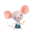 Lovely little mouse with wheat wearing blue trousers and brace. Cute cartoon character.