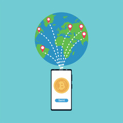 Canvas Print - Sending bitcoin to anywhere in the world with a smartphone vector. Bitcoin and money transaction method with a world map and location points. Online money transaction system with a mobile phone.