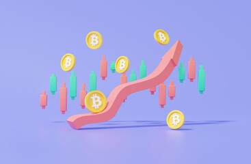 Wall Mural - 3D illustration cartoon minimal Cryptocurrency or BTC trading arrow growth exchange analysis data information financial investment trader concept on pastel purple background