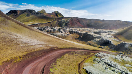 Sticker - Road across the mountains of Landmannalaugar, Iceland in summer season from drone - Europe