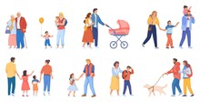 Family Walk With Stroller. Parents Walking With Adult Children And Dog, Father Strolling Baby Pram Boy Enfant, Parent Mother Stroll Simple Kid Together, Swanky Vector Illustration