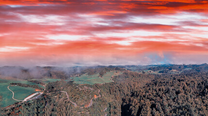 Canvas Print - Huka Falls, New Zealand. Panoramic aerial view of beautiful waterfalls and countryside at sunset