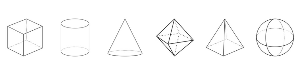 Poster - set of different 3d geometric shapes. cube, pyramid, sphere, cylinder, cone, rombe, isolated on whit