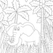 Coloring book page for kids with an elephant in the jungle. Cute animal art.