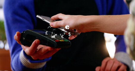 Poster - Image of currency symbols over caucasian woman paying by smartphone