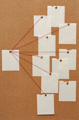 Fototapete - Blank paper notes are pinned to a cork board. The concept of detective investigation. Copy space.