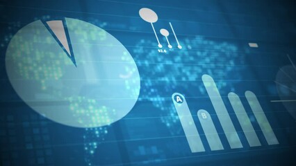 Fototapete - Financial statistics display with animated charts and diagrams over a glowing world map. 4K animation for corporate presentation