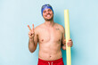 © Asier - Young caucasian swimmer man holding foam stick isolated on blue background showing number two with fingers.
