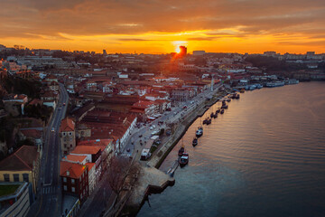 Wall Mural - Porto city view, river promenade at sunset, travel to Portugal