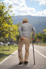 Sticker - Senior man walking with a cane on an asphalt pedestrian lane