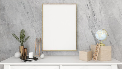 Poster - White mock up frame and accessories vintage hipster Coastal style on the table with stone wall background. modern, Scandinavian, Workspaces -3D rendering