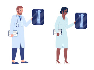 Poster - Traumatologists holding x-ray photos semi flat color vector characters set. Standing figure. Full body people on white. Simple cartoon style illustration for web graphic design and animation pack