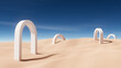 3D rendering stage arch entrance model on desert outdoor landscape with sky and background.Realistic landscape conceptual.