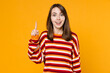 Young insighted smart proactive caucasian woman 20s in red striped sweatshirt hold index finger up with great new idea isolated on plain yellow background studio portrait. People lifestyle concept