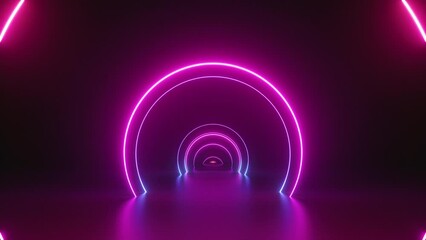 Wall Mural - looping 3d animation, moving forward the endless podium with glowing rings. Abstract neon background