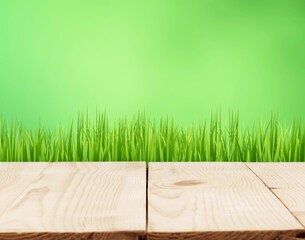 Green grass with old wooden planks on green bokeh background.