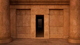Entrance to an ancient Egyptian tomb or temple with stone columns either side. 3D rendering.