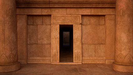 Poster - Entrance to an ancient Egyptian tomb or temple with stone columns either side. 3D rendering.