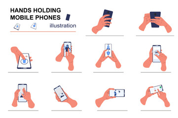 Fototapete - Hands holding mobile phones concept with people scene set. Human hands use smartphones, click on screen, make call or photo, tapping, scrolling and browse. Vector illustration in flat design for web