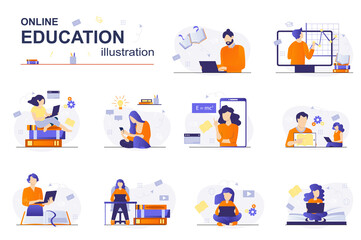 Online education concept with people scene set. Students study remotely, read books, prepare for exams using textbooks, watch webinars and video lectures. Vector illustration in flat design for web