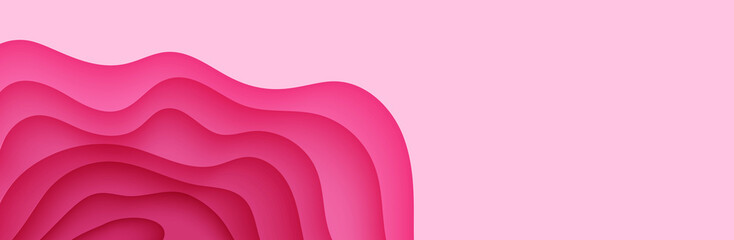 Wall Mural - Paper cut background with waves and hole. Pink 3d abstract backdrop with smooth wavy layers. Women's Breast Cancer Concept. Creative poster template in rose color. Female vector card illustration