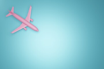 Poster - Pink plane on a turquoise background. Concept of transportation by plane, trips and vacations. Airplane top view. 3d render, 3d illustration.