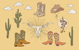 Fototapeta  - Cowboy Boots And Hat Western Boho Editable Stroke