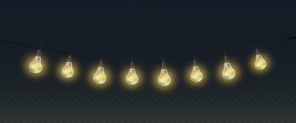 3d realistic vector illustration. Light bulbs of garland  on transparent background.