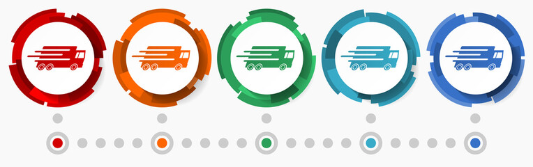 Aufkleber - Fast delivery concept vector icon set, modern design abstract web buttons in 5 color options, infographic template for webdesign and mobile apps