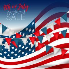 Wall Mural - 4th of July Independence Day weekend sale banner background. USA national holiday design concept with a waving flag and confetti. Vector illustration.