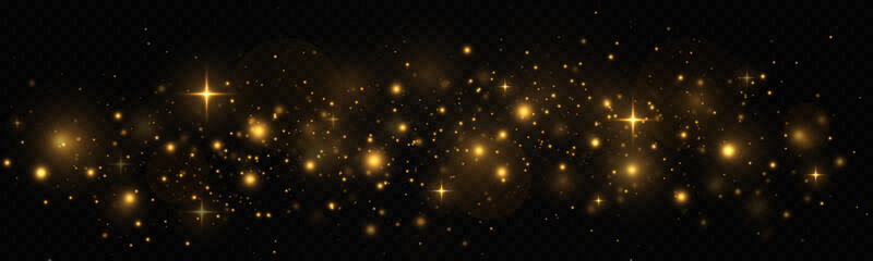 Wall Mural - Golden shimmering background with light effect. The dust sparks and golden stars shine with special light on a transparent background. Christmas concept.