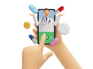 3d rendering, medical illustration isolated on white background. Online consultation with doctor popping out from screen with assorted pills. Cartoon character hand holds mobile phone and calls