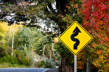 Curve And Counter Curve Traffic Sign In Bariloche, Argentina In Autumn.