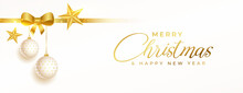 Premium Christmas Banner With Balls And Golden Ribbon Stars