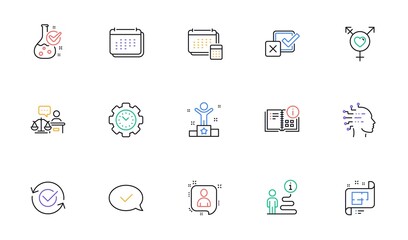 Checkbox, Court judge and Time management line icons for website, printing. Collection of Account, Architectural plan, Approved icons. Artificial intelligence, Developers chat. Vector