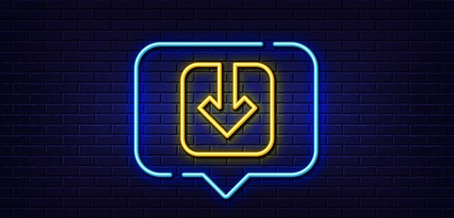 Poster - Neon light speech bubble. Load document line icon. Download arrowhead symbol. Direction or pointer sign. Neon light background. Load document glow line. Brick wall banner. Vector