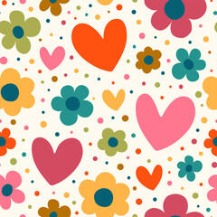 Wall Mural - Seamless vector pattern with flowers and hearts. Great for fabric, wallpaper, and wrapping paper.